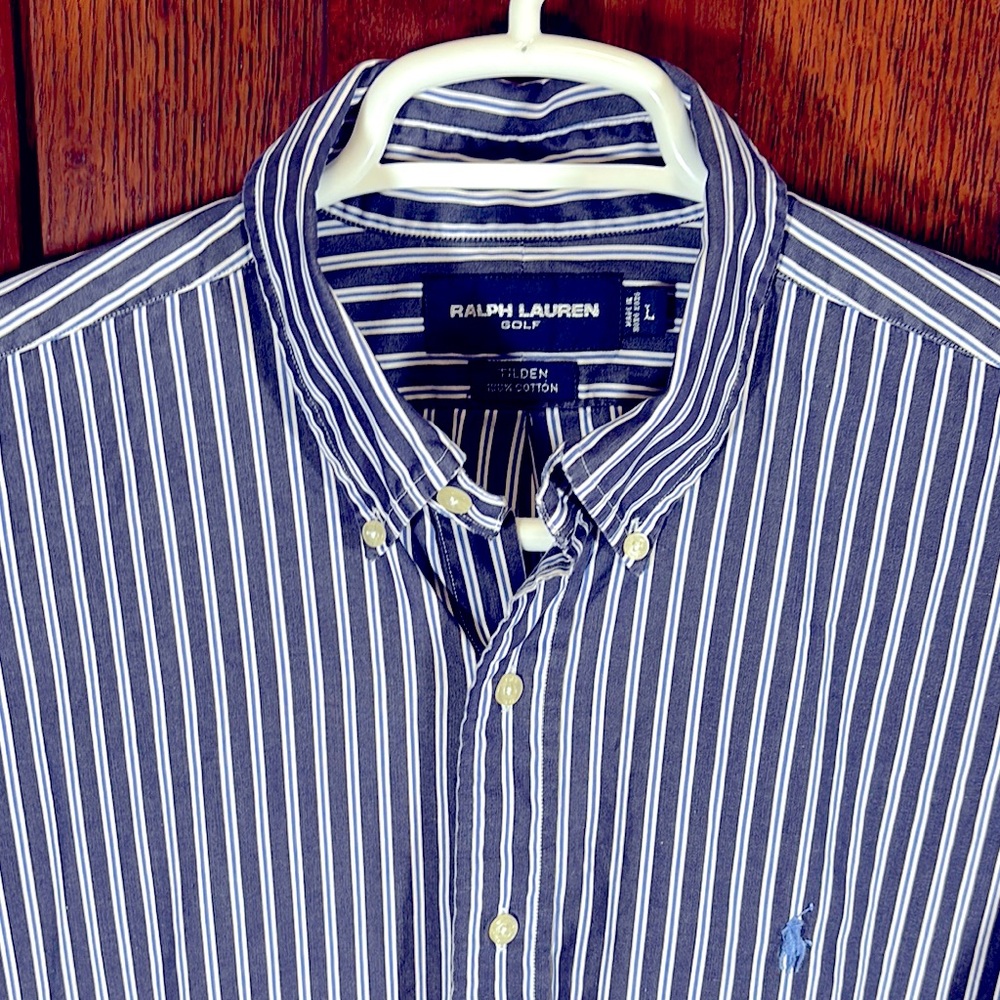 Ralph Lauren Golf Tilden Blue & White Casual Cotton Button Down Shirt Sz. Large